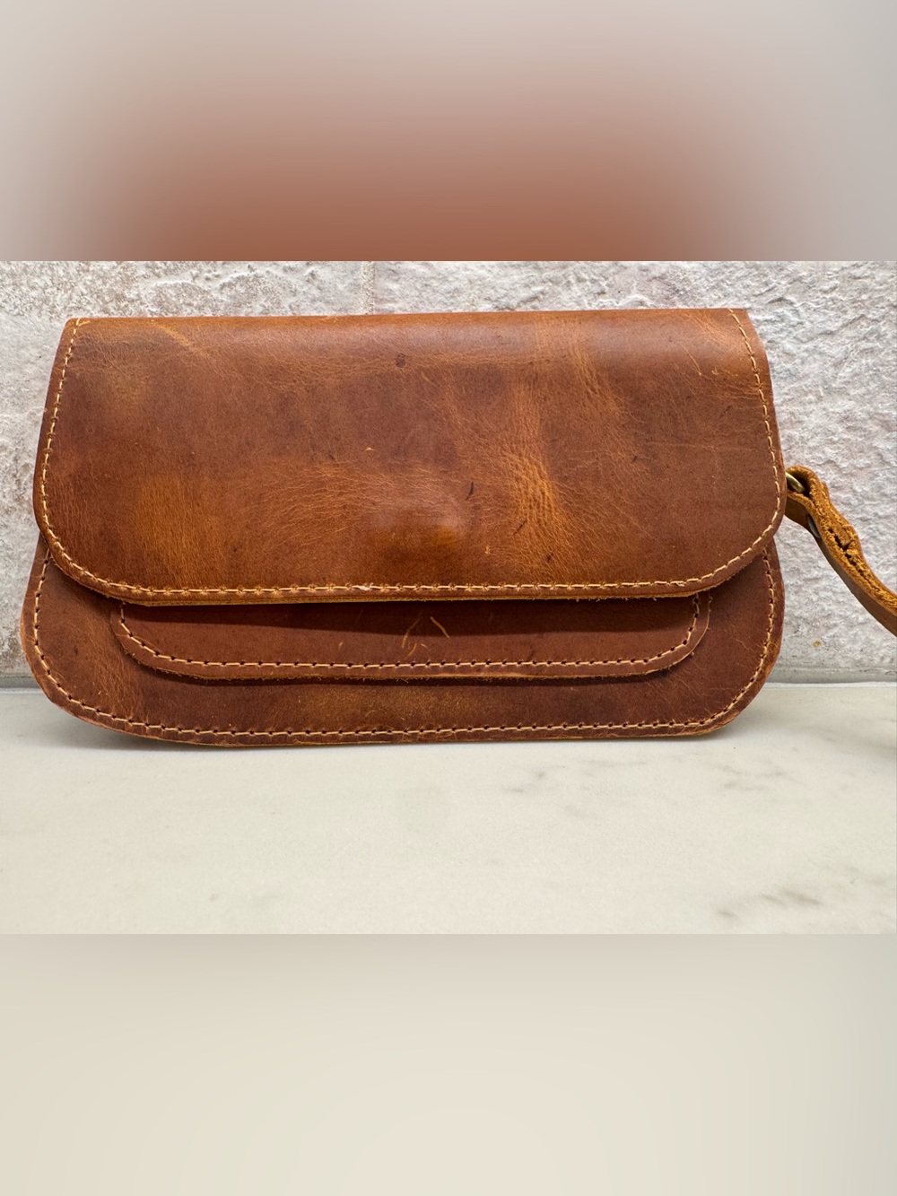 SutiSana Cognac Leather Wristlet Wallet Handmade Bolivia Rustic Minimalist